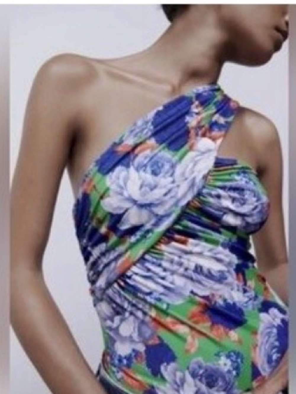 Zara One-Shoulder Floral Bodysuit in Blue, Green, White
